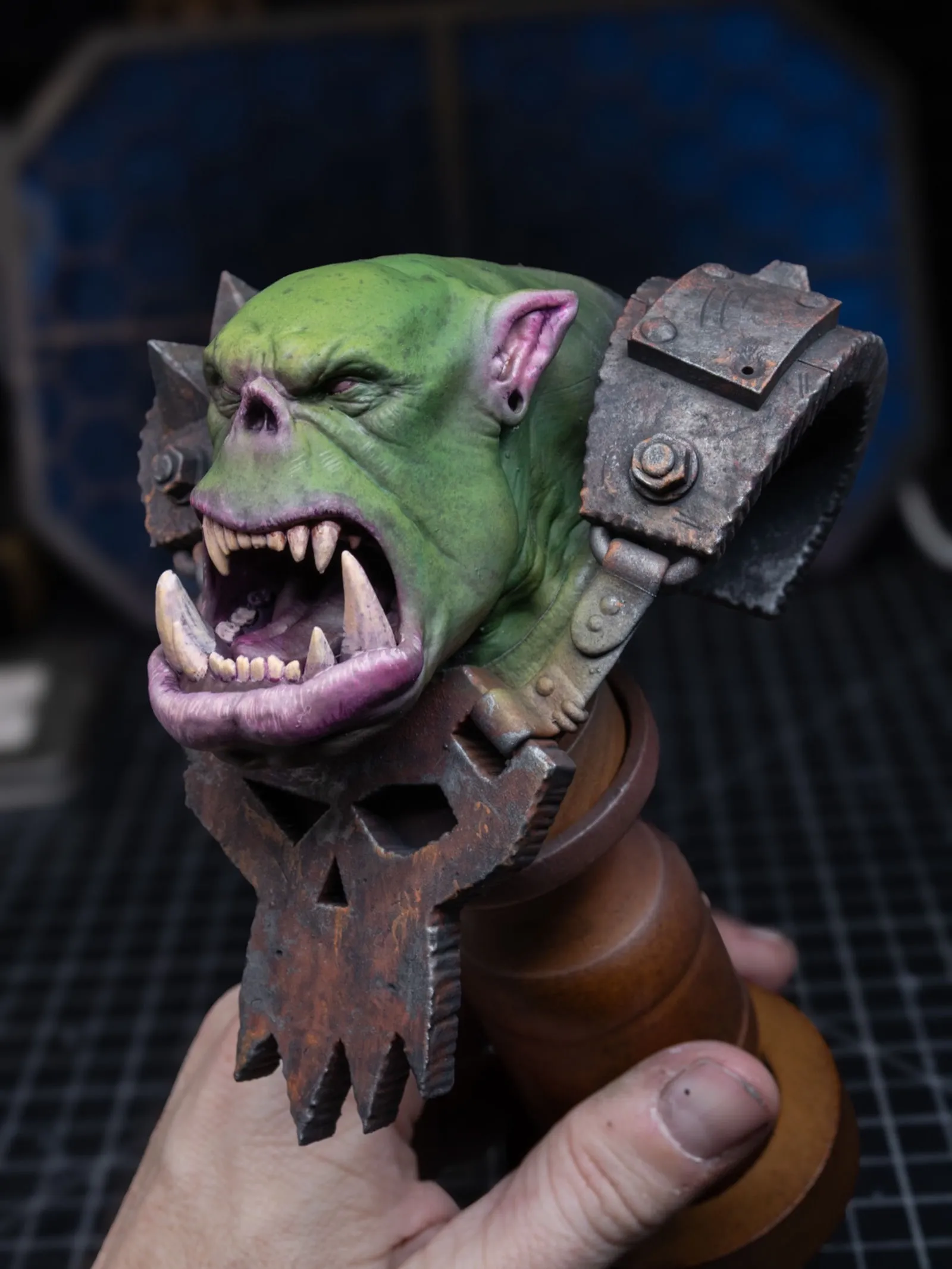 Ork bust color stage from another angle, warm-cool color contrast visible